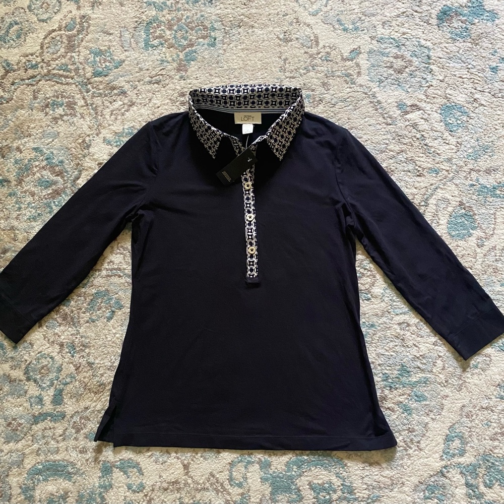 LOFT Navy Polo Top with Patterned Collar